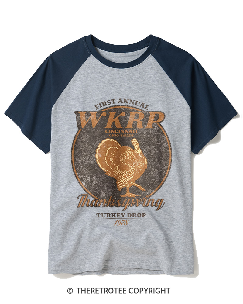 TheRetroTee First Annual WKRP Thanksgiving Turkey Drop 1970s Raglan Baseball T-Shirt