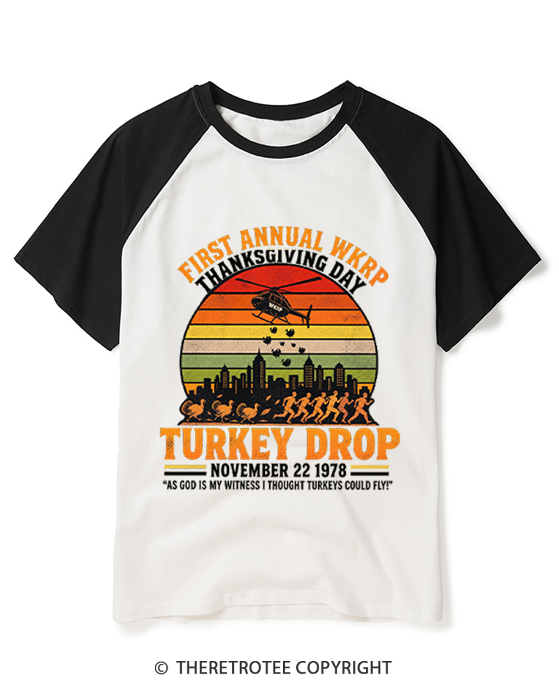 TheRetroTee First Annual WKRP Thanksgiving Day Turkey Drop 1970s Raglan Baseball T-Shirt