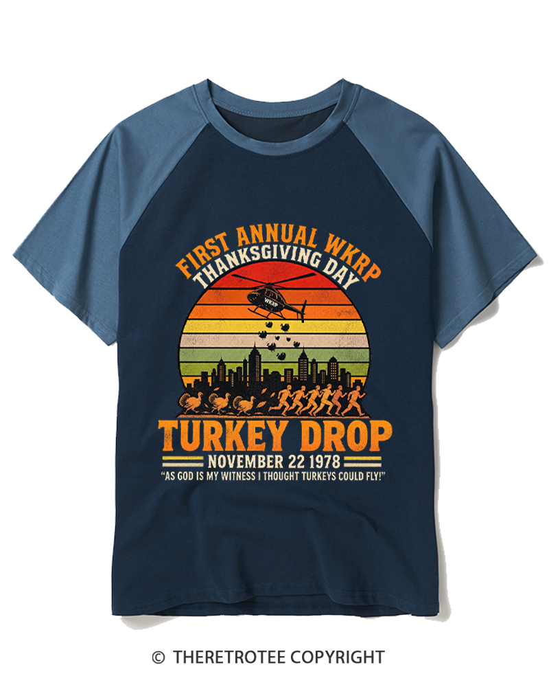 TheRetroTee First Annual WKRP Thanksgiving Day Turkey Drop 1970s Raglan Baseball T-Shirt