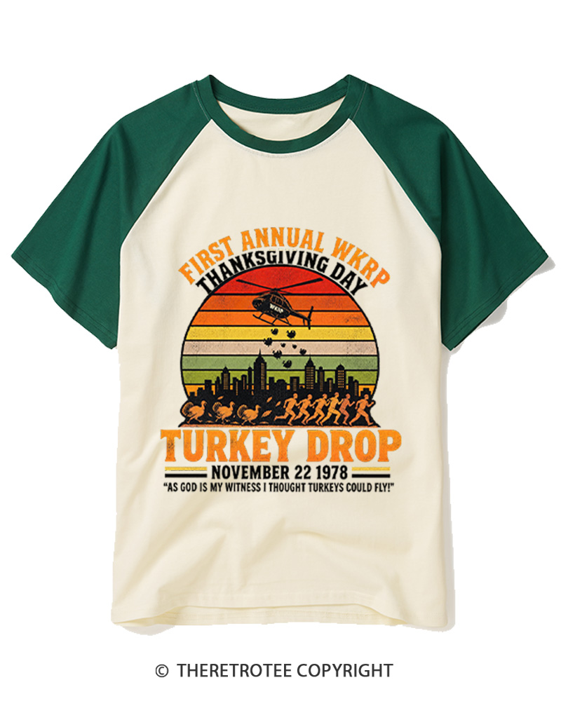 TheRetroTee First Annual WKRP Thanksgiving Day Turkey Drop 1970s Raglan Baseball T-Shirt