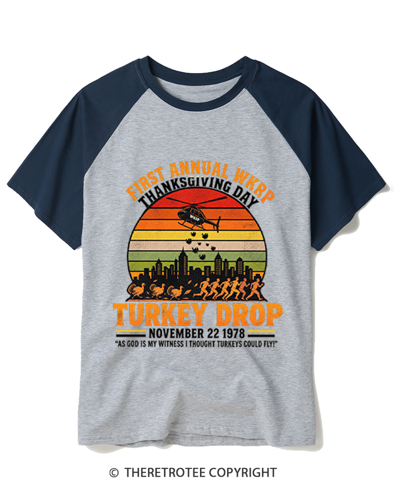 TheRetroTee First Annual WKRP Thanksgiving Day Turkey Drop 1970s Raglan Baseball T-Shirt