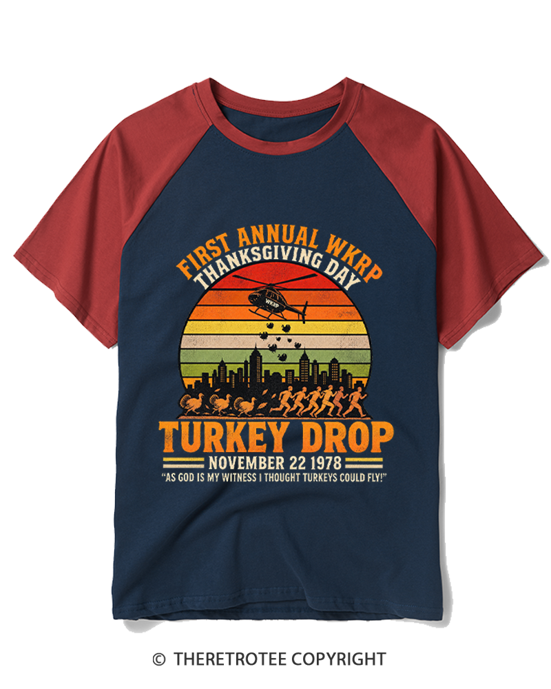 TheRetroTee First Annual WKRP Thanksgiving Day Turkey Drop 1970s Raglan Baseball T-Shirt