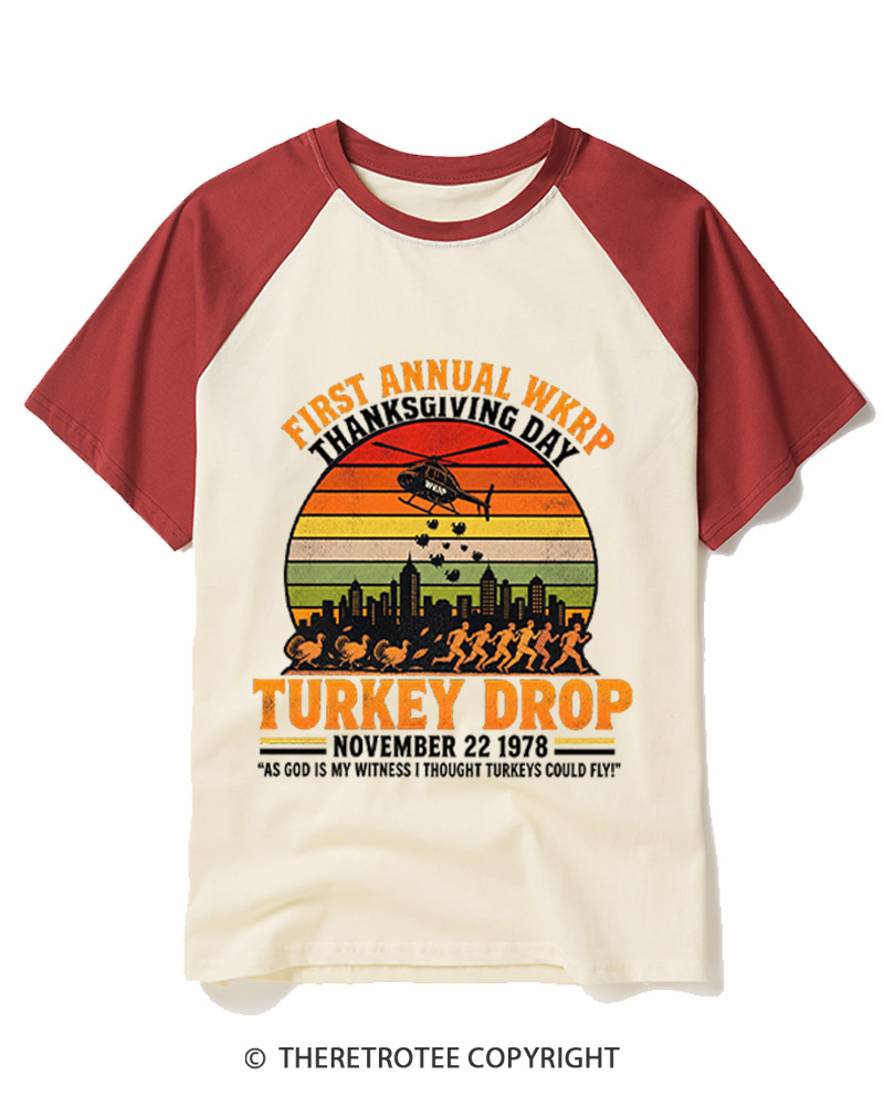 TheRetroTee First Annual WKRP Thanksgiving Day Turkey Drop 1970s Raglan Baseball T-Shirt