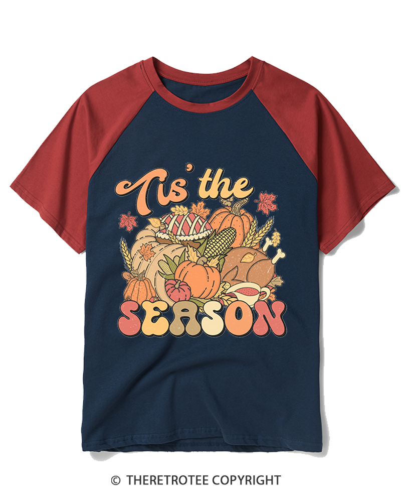 TheRetroTee Tis The Season 1970s Raglan Baseball T-Shirt