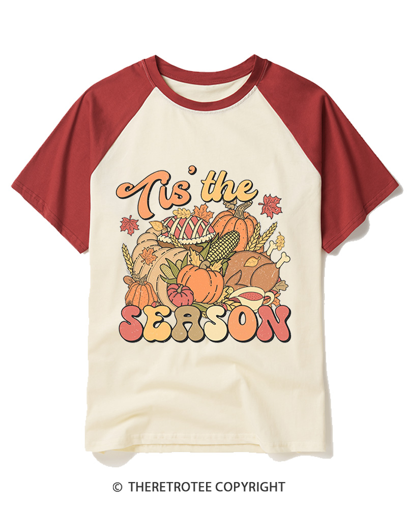 TheRetroTee Tis The Season 1970s Raglan Baseball T-Shirt