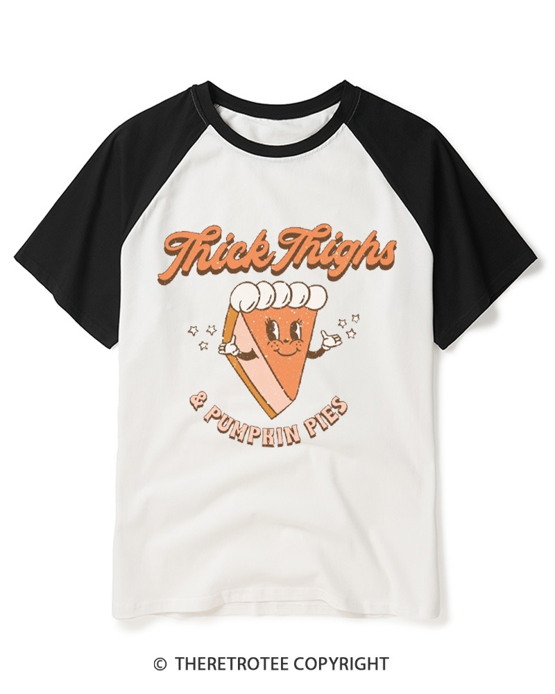 TheRetroTee Thick Thighs & Pumpkin Pies 1970s Raglan Baseball T-Shirt