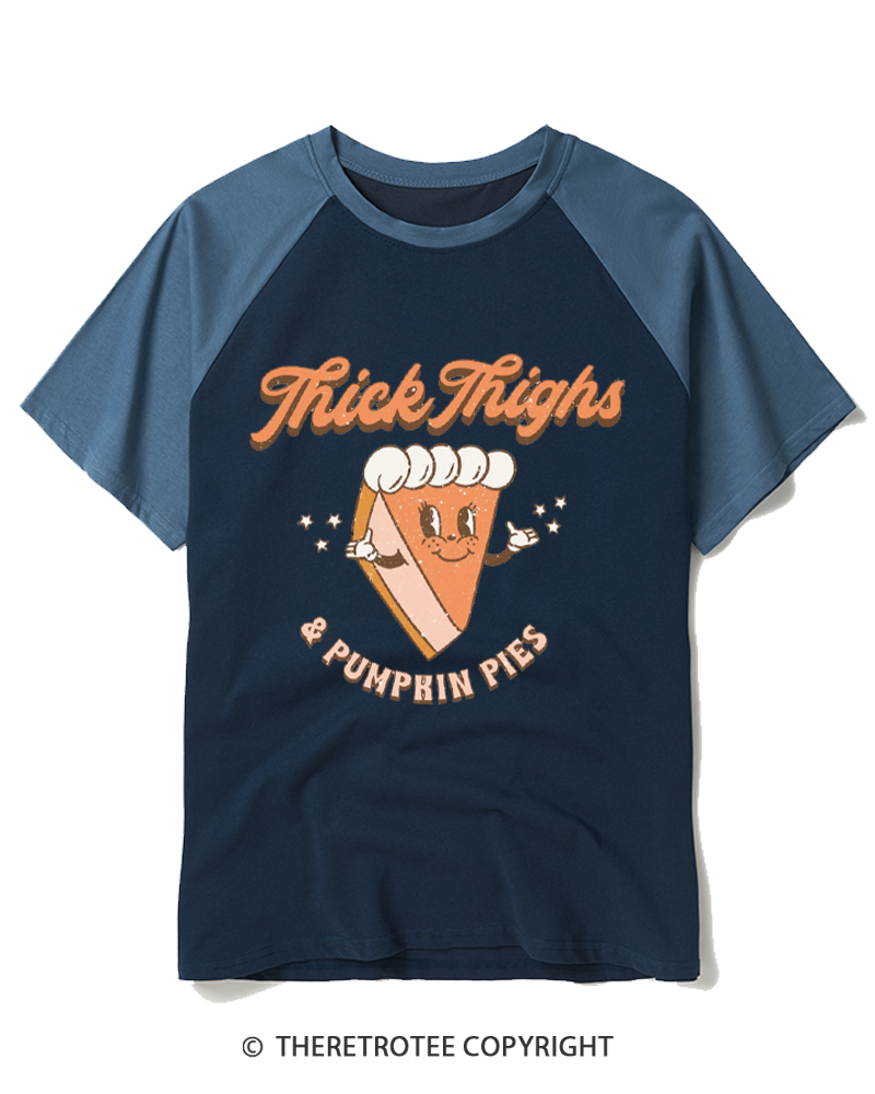 TheRetroTee Thick Thighs & Pumpkin Pies 1970s Raglan Baseball T-Shirt