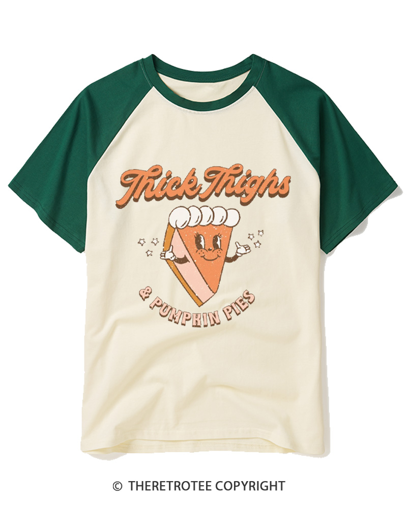 TheRetroTee Thick Thighs & Pumpkin Pies 1970s Raglan Baseball T-Shirt