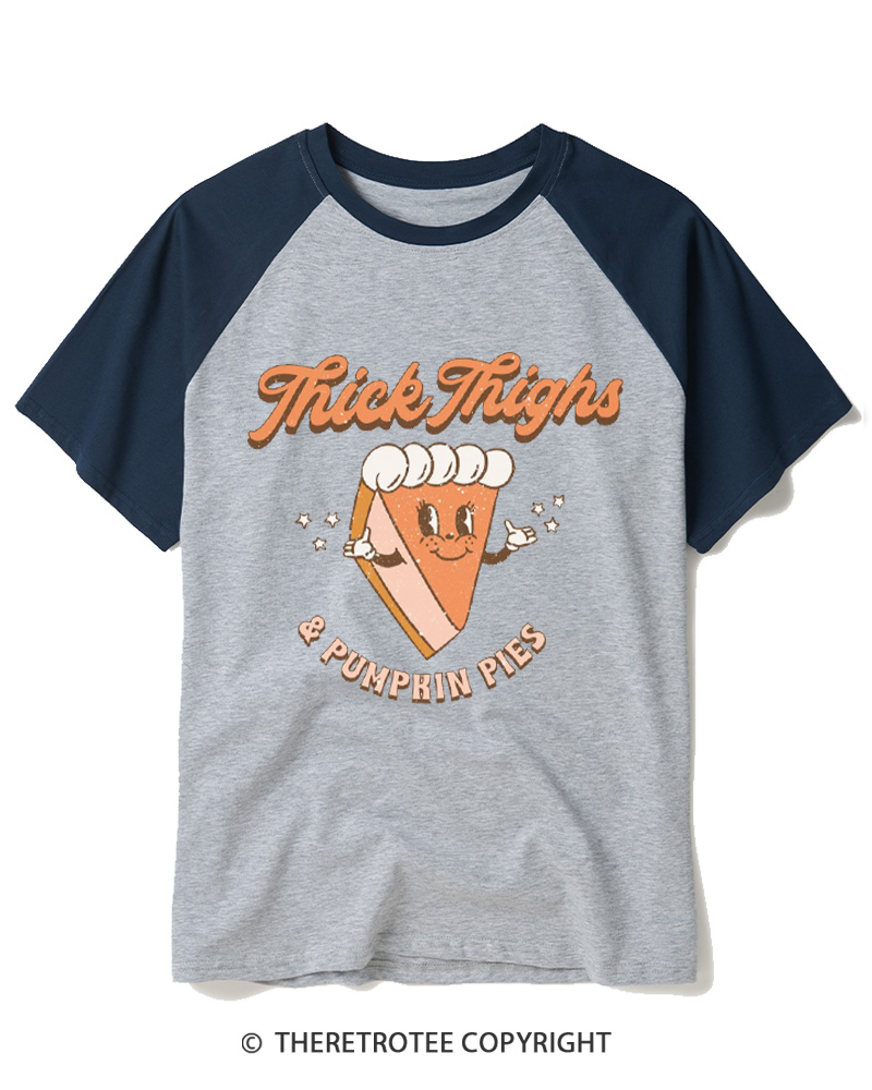 TheRetroTee Thick Thighs & Pumpkin Pies 1970s Raglan Baseball T-Shirt