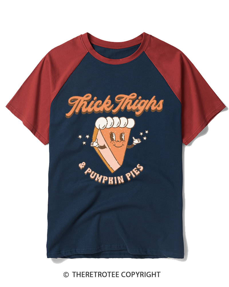 TheRetroTee Thick Thighs & Pumpkin Pies 1970s Raglan Baseball T-Shirt