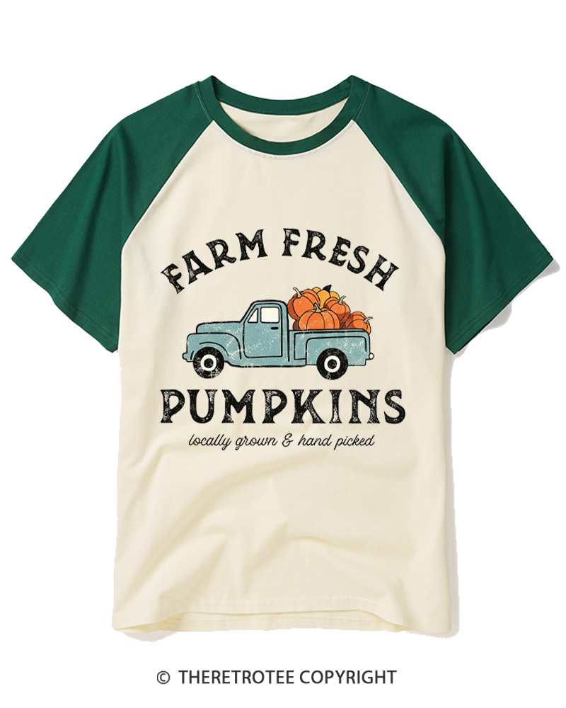 TheRetroTee Farm Fresh Pumpkins 1950s Raglan Baseball T-Shirt