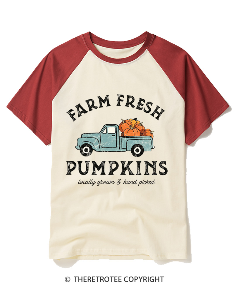 TheRetroTee Farm Fresh Pumpkins 1950s Raglan Baseball T-Shirt