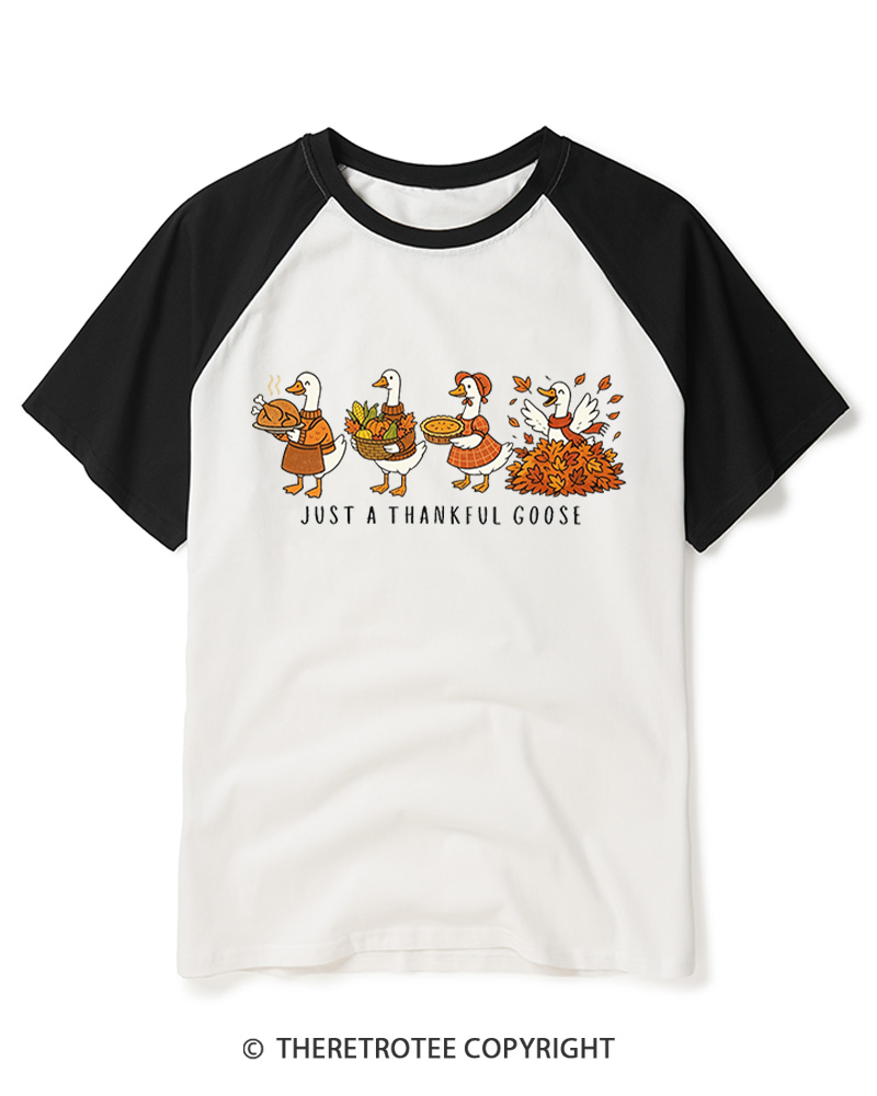 TheRetroTee Just a Thankful Goose 1980s Raglan Baseball T-Shirt