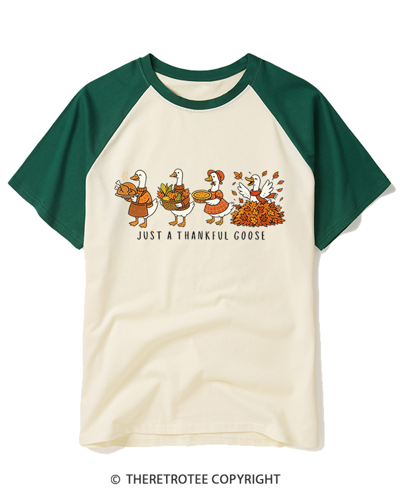 TheRetroTee Just a Thankful Goose 1980s Raglan Baseball T-Shirt