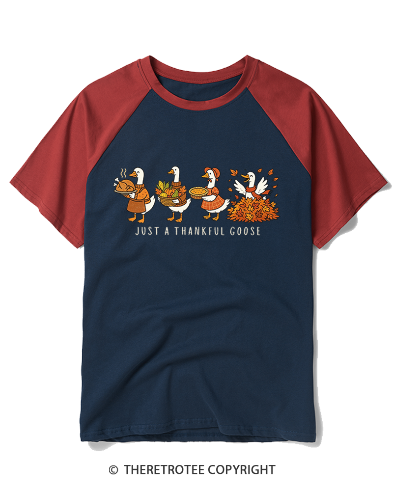 TheRetroTee Just a Thankful Goose 1980s Raglan Baseball T-Shirt