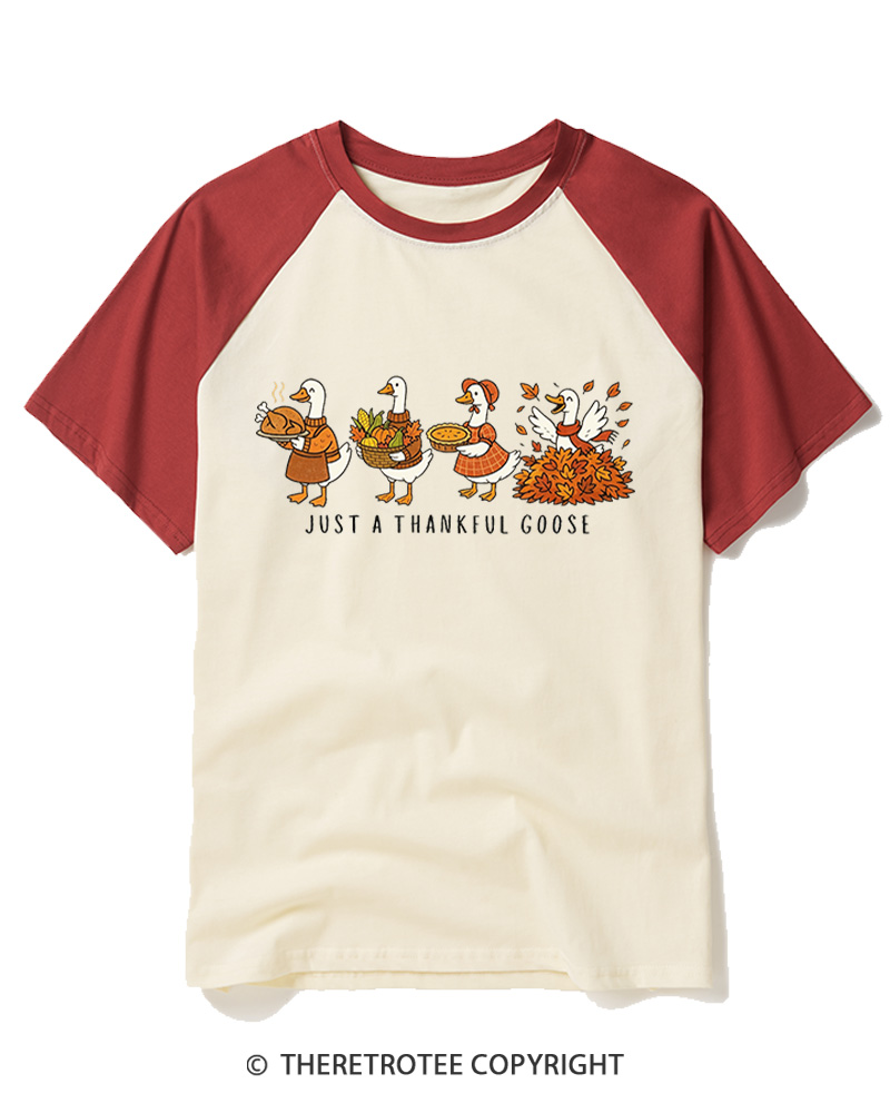 TheRetroTee Just a Thankful Goose 1980s Raglan Baseball T-Shirt