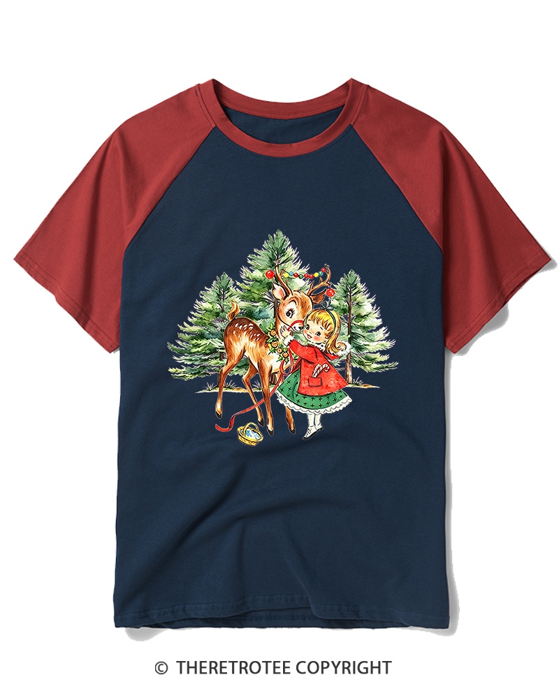 TheRetroTee Vintage Christmas Girl and Reindeer 1950s Raglan Baseball T-Shirt