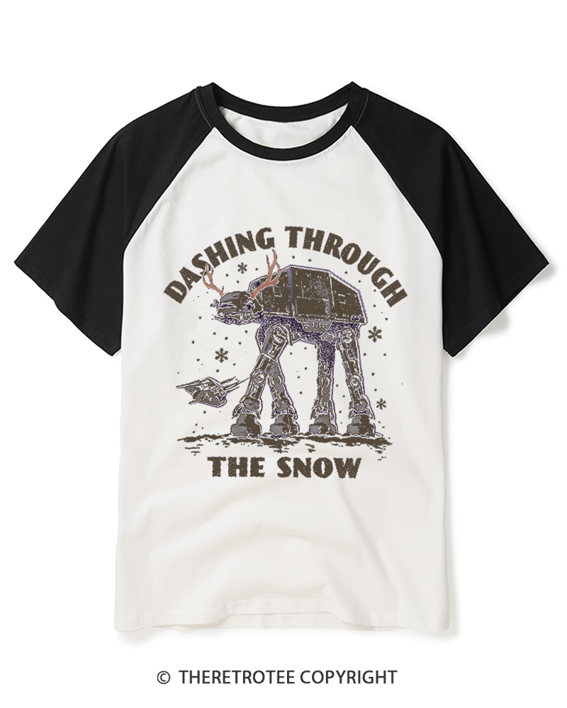 TheRetroTee Dashing Through The Snow 1980s Raglan Baseball T-Shirt