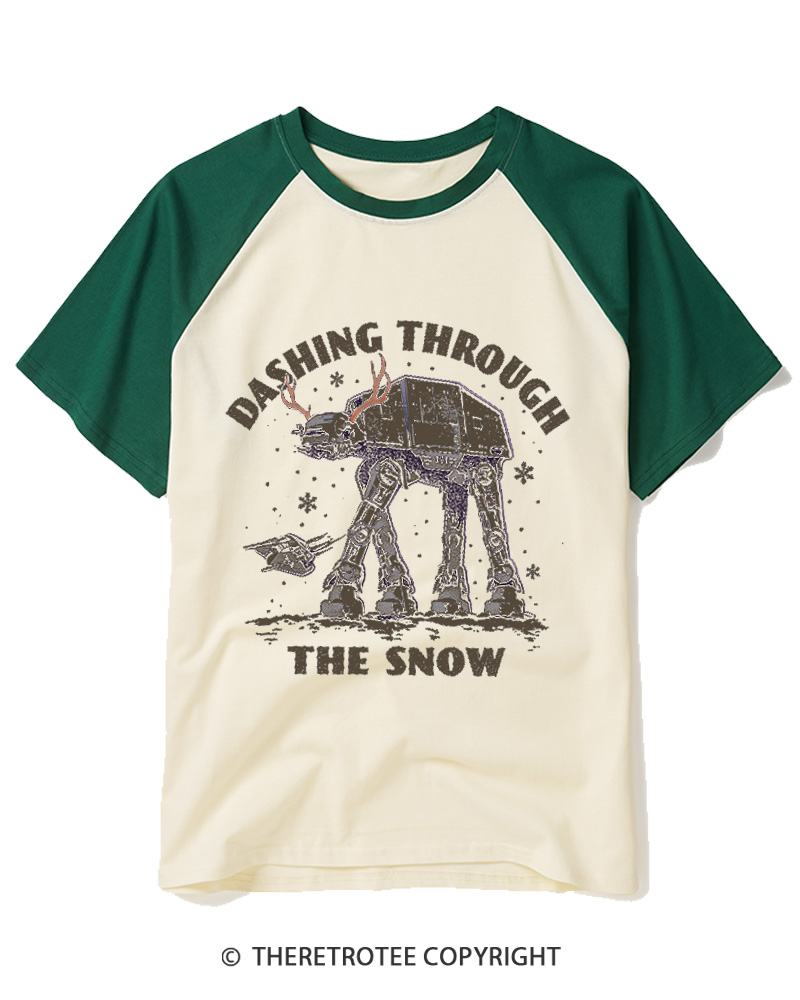 TheRetroTee Dashing Through The Snow 1980s Raglan Baseball T-Shirt