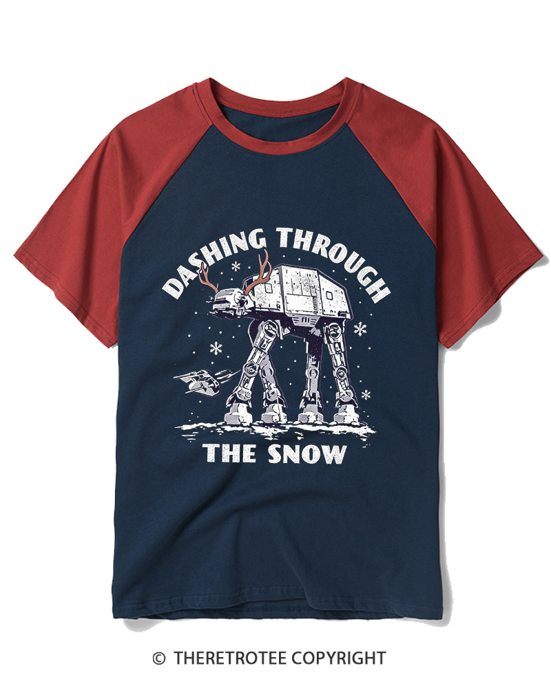 TheRetroTee Dashing Through The Snow 1980s Raglan Baseball T-Shirt