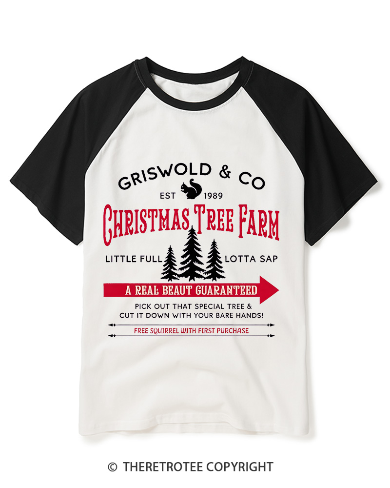 TheRetroTee Christmas Tree Farm 1980s Raglan Baseball T-Shirt