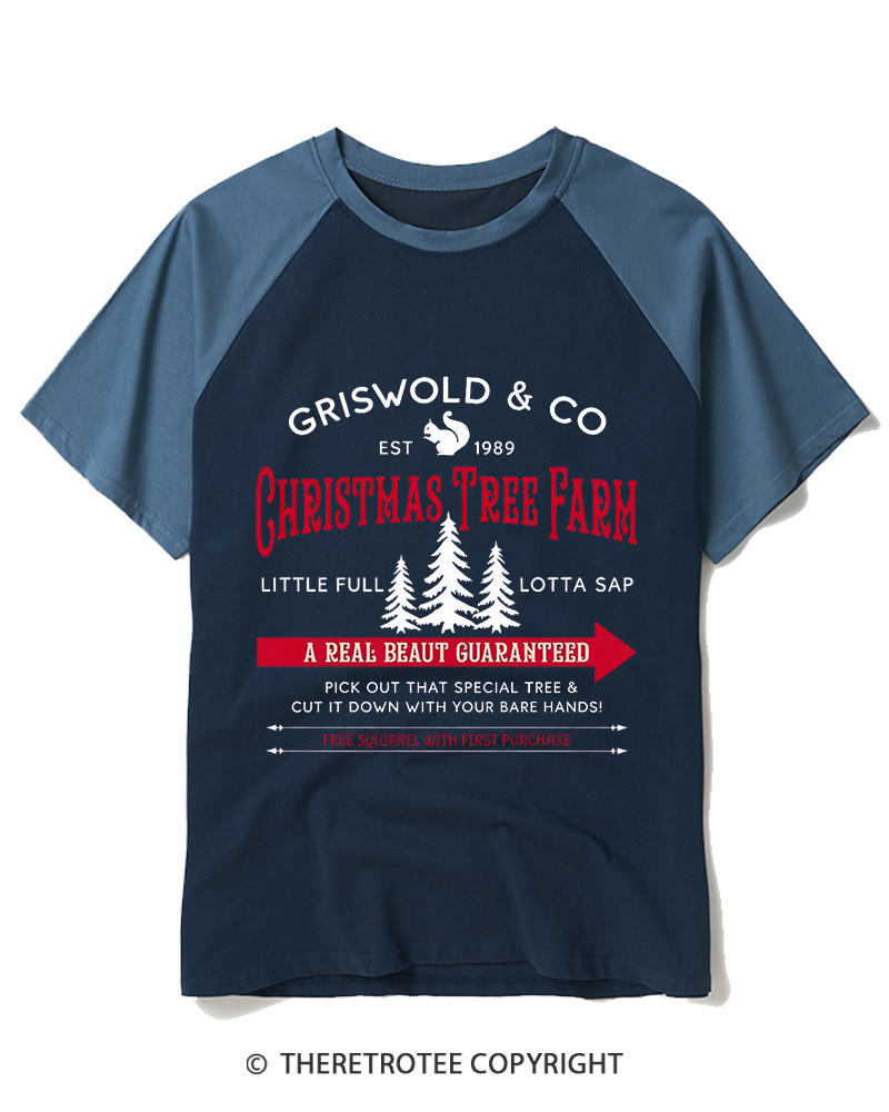 TheRetroTee Christmas Tree Farm 1980s Raglan Baseball T-Shirt