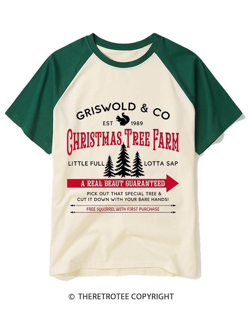 TheRetroTee Christmas Tree Farm 1980s Raglan Baseball T-Shirt