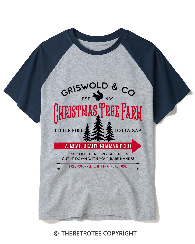 TheRetroTee Christmas Tree Farm 1980s Raglan Baseball T-Shirt