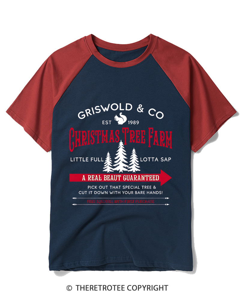 TheRetroTee Christmas Tree Farm 1980s Raglan Baseball T-Shirt