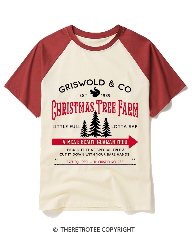TheRetroTee Christmas Tree Farm 1980s Raglan Baseball T-Shirt