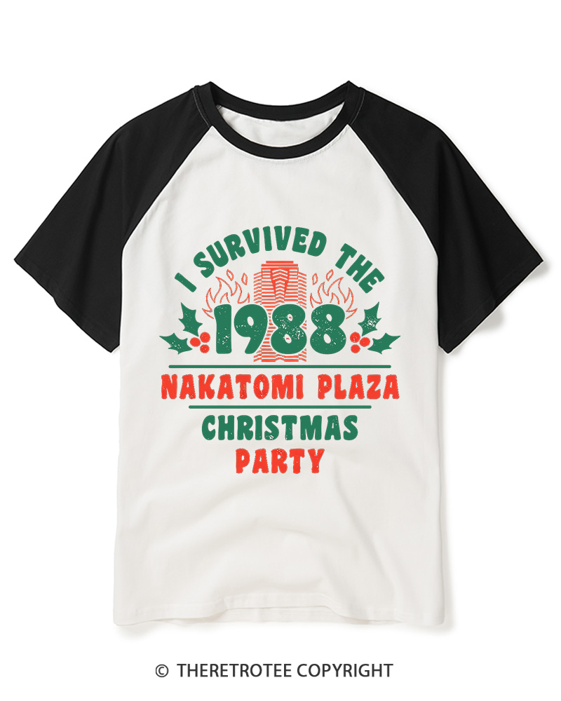TheRetroTee I Survived the 1988 Nakatomi Plaza Christmas Party Vintage Raglan Baseball T-Shirt
