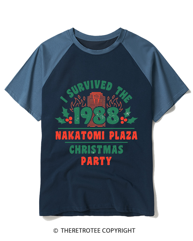 TheRetroTee I Survived the 1988 Nakatomi Plaza Christmas Party Vintage Raglan Baseball T-Shirt