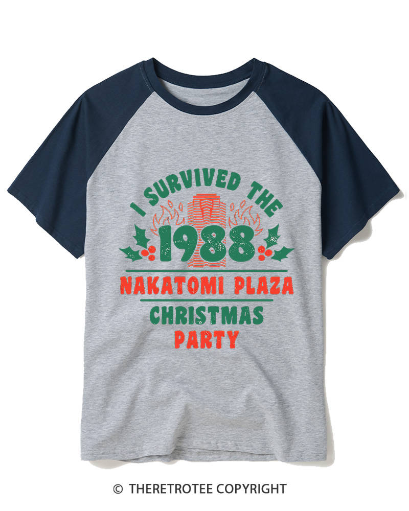 TheRetroTee I Survived the 1988 Nakatomi Plaza Christmas Party Vintage Raglan Baseball T-Shirt