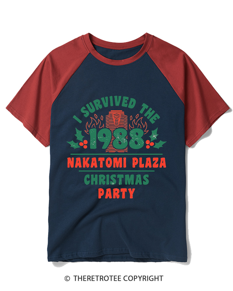 TheRetroTee I Survived the 1988 Nakatomi Plaza Christmas Party Vintage Raglan Baseball T-Shirt