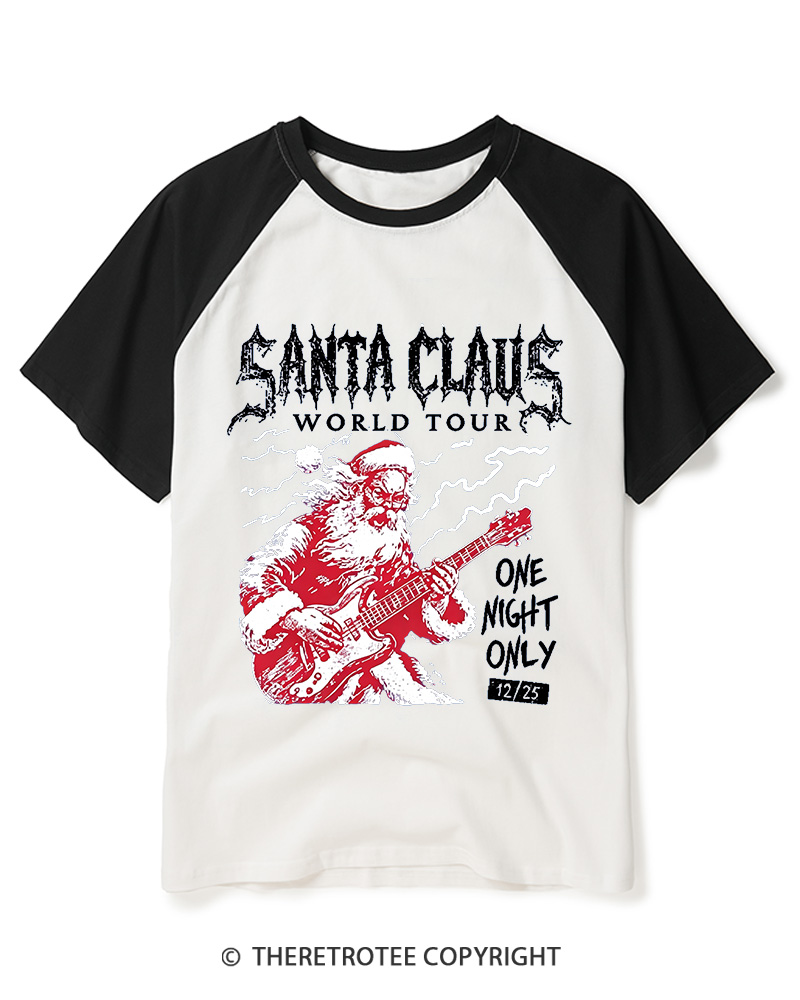 TheRetroTee Santa Claus World Tour 1980s Raglan Baseball T-Shirt