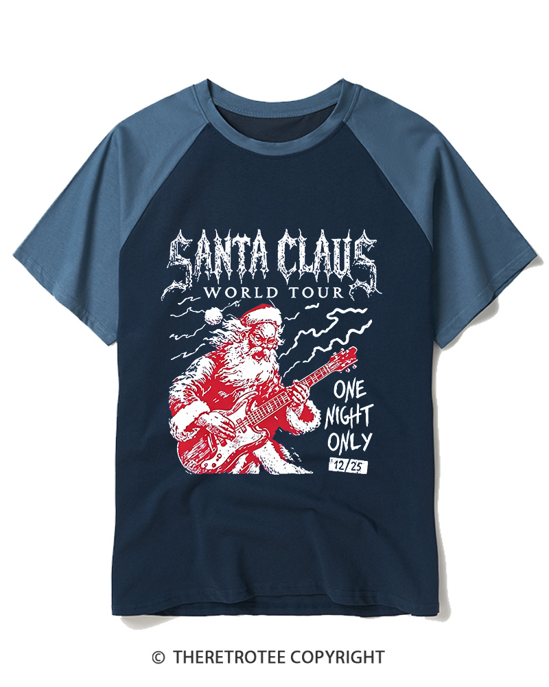 TheRetroTee Santa Claus World Tour 1980s Raglan Baseball T-Shirt