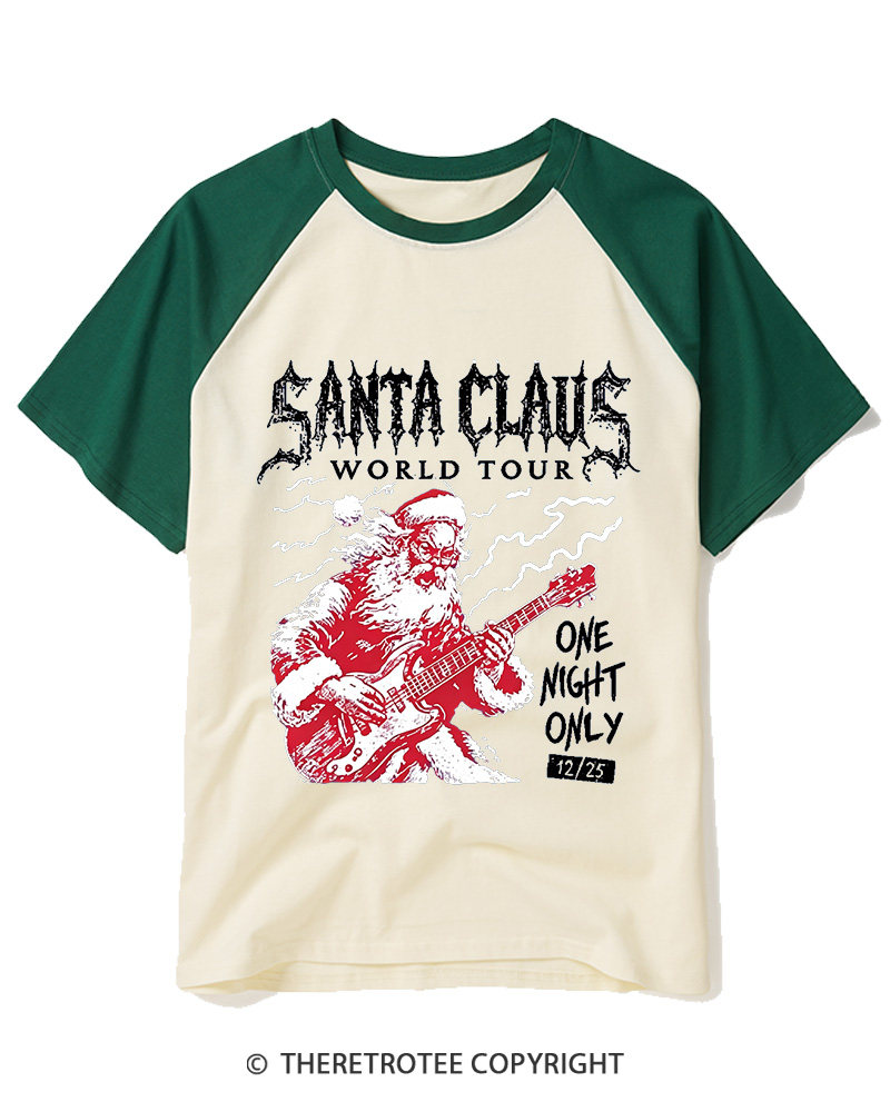 TheRetroTee Santa Claus World Tour 1980s Raglan Baseball T-Shirt