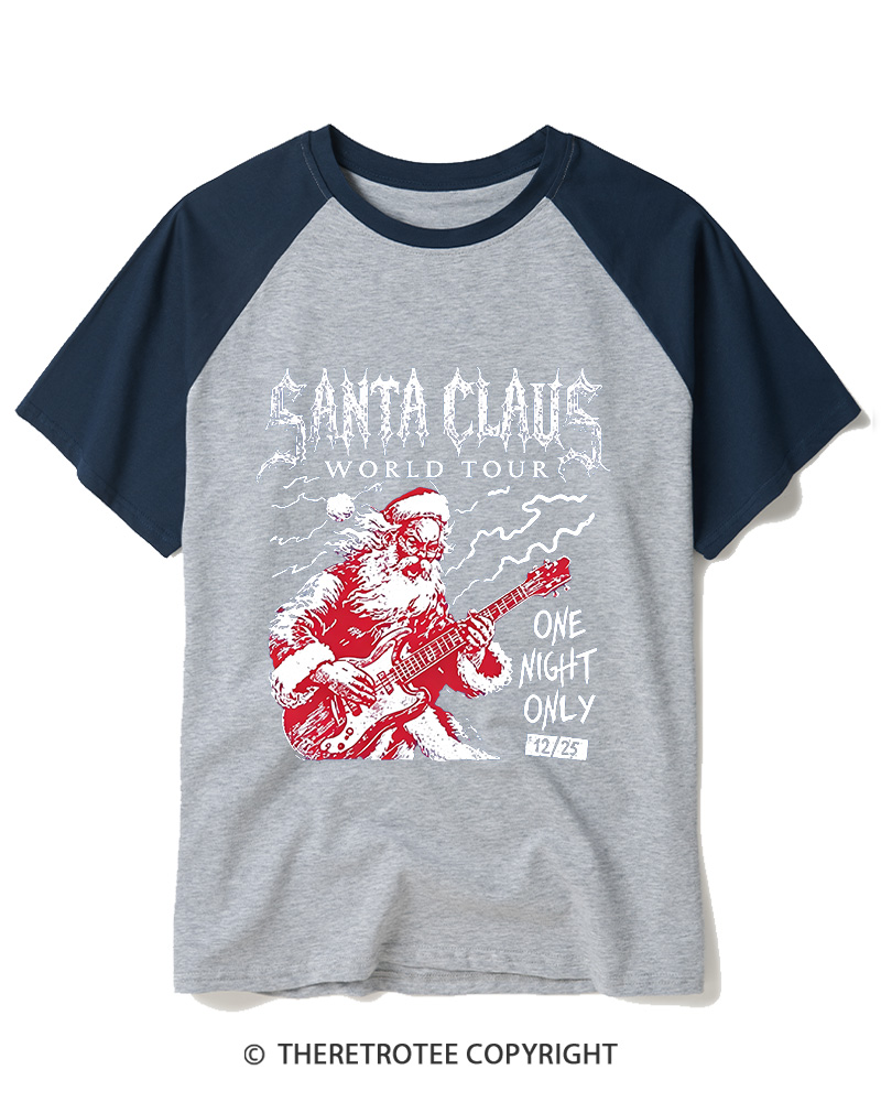 TheRetroTee Santa Claus World Tour 1980s Raglan Baseball T-Shirt