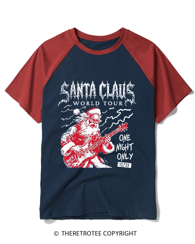 TheRetroTee Santa Claus World Tour 1980s Raglan Baseball T-Shirt