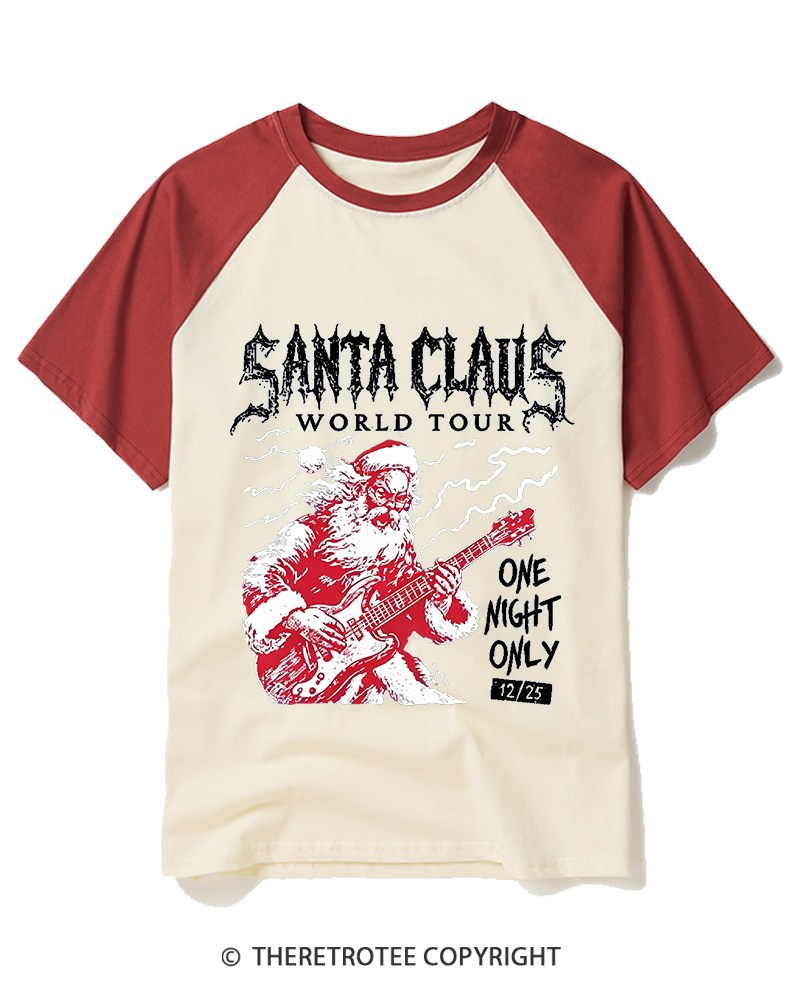 TheRetroTee Santa Claus World Tour 1980s Raglan Baseball T-Shirt
