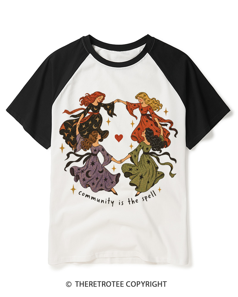 TheRetroTee Community is the spell 1970s Raglan Baseball T-Shirt