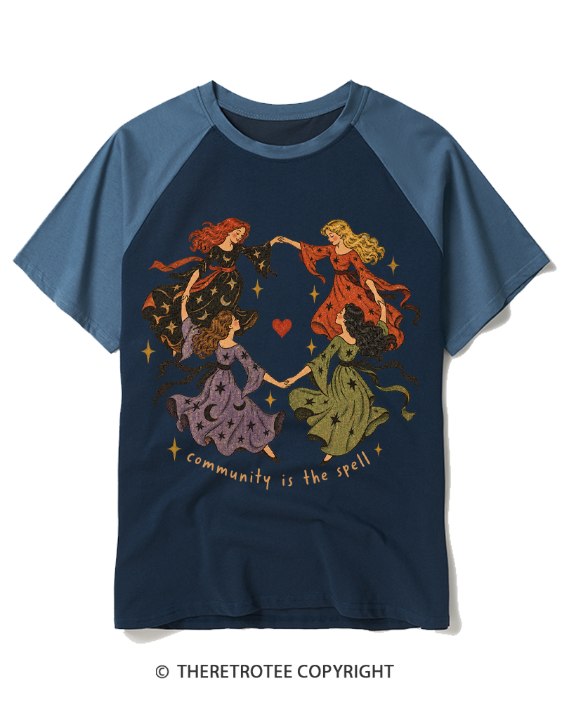 TheRetroTee Community is the spell 1970s Raglan Baseball T-Shirt