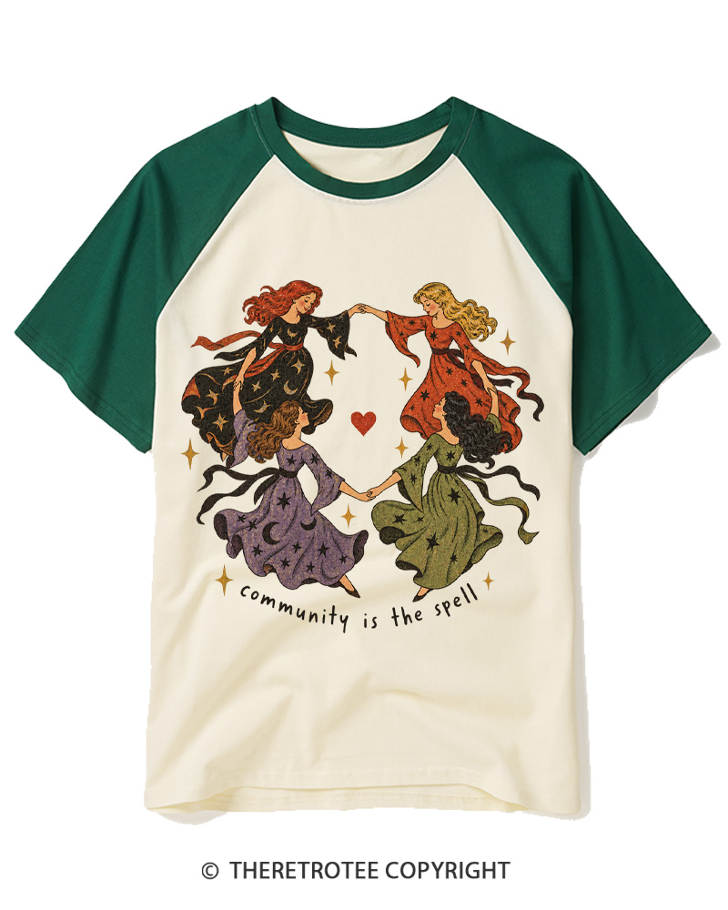 TheRetroTee Community is the spell 1970s Raglan Baseball T-Shirt