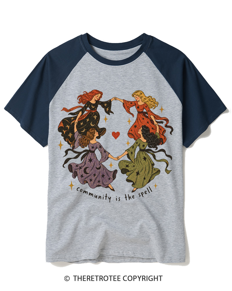 TheRetroTee Community is the spell 1970s Raglan Baseball T-Shirt