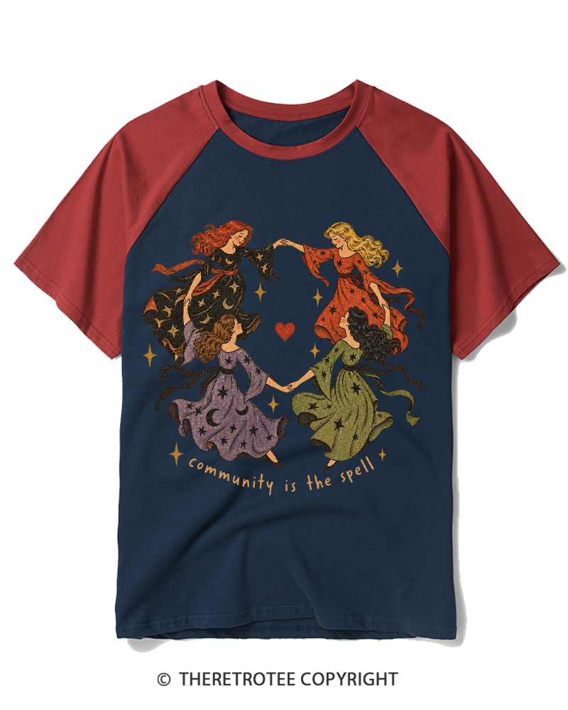 TheRetroTee Community is the spell 1970s Raglan Baseball T-Shirt