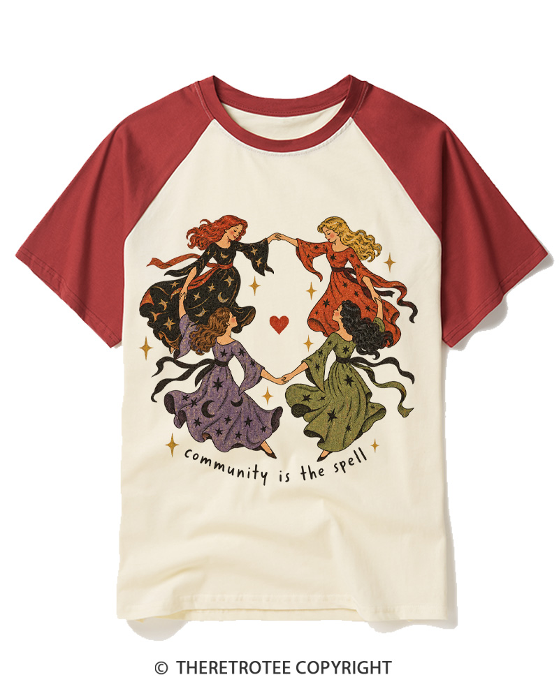 TheRetroTee Community is the spell 1970s Raglan Baseball T-Shirt