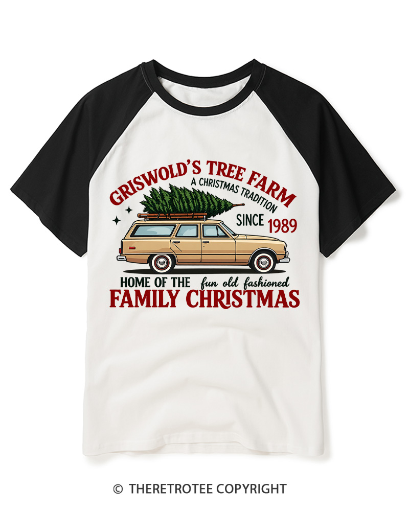 TheRetroTee Vintage 1980s Christmas Tree Farm Raglan Baseball T-Shirt