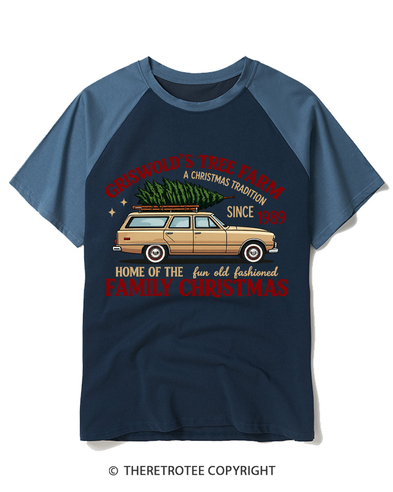 TheRetroTee Vintage 1980s Christmas Tree Farm Raglan Baseball T-Shirt