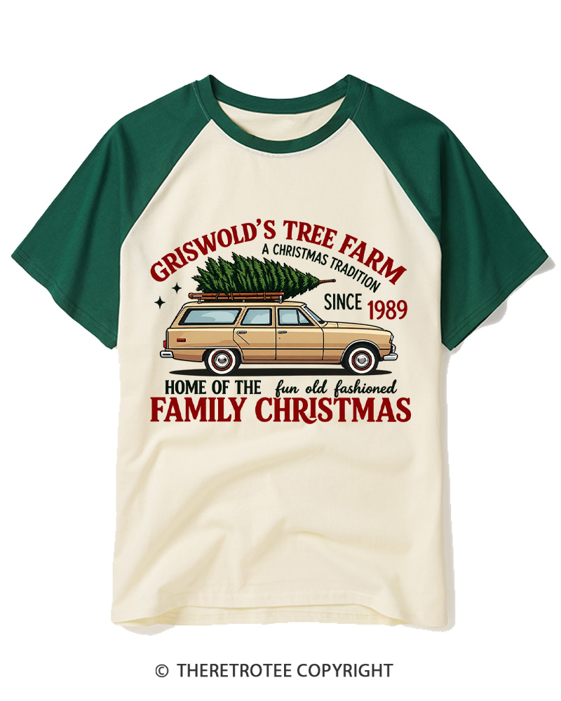 TheRetroTee Vintage 1980s Christmas Tree Farm Raglan Baseball T-Shirt