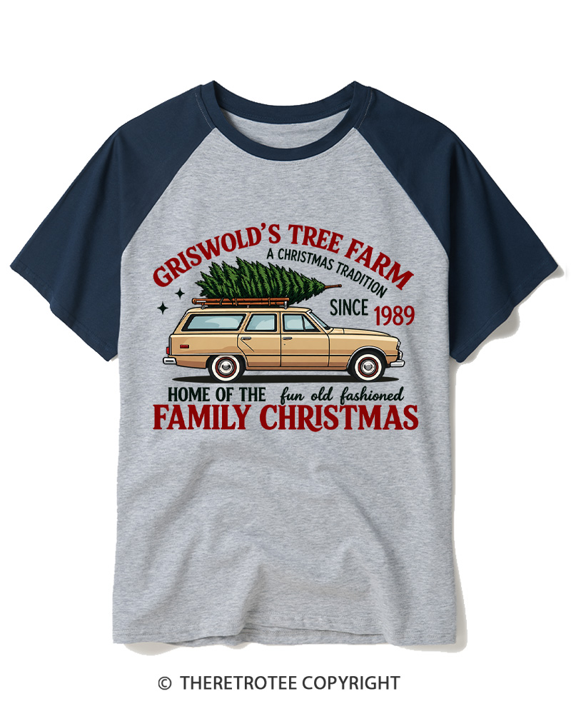 TheRetroTee Vintage 1980s Christmas Tree Farm Raglan Baseball T-Shirt